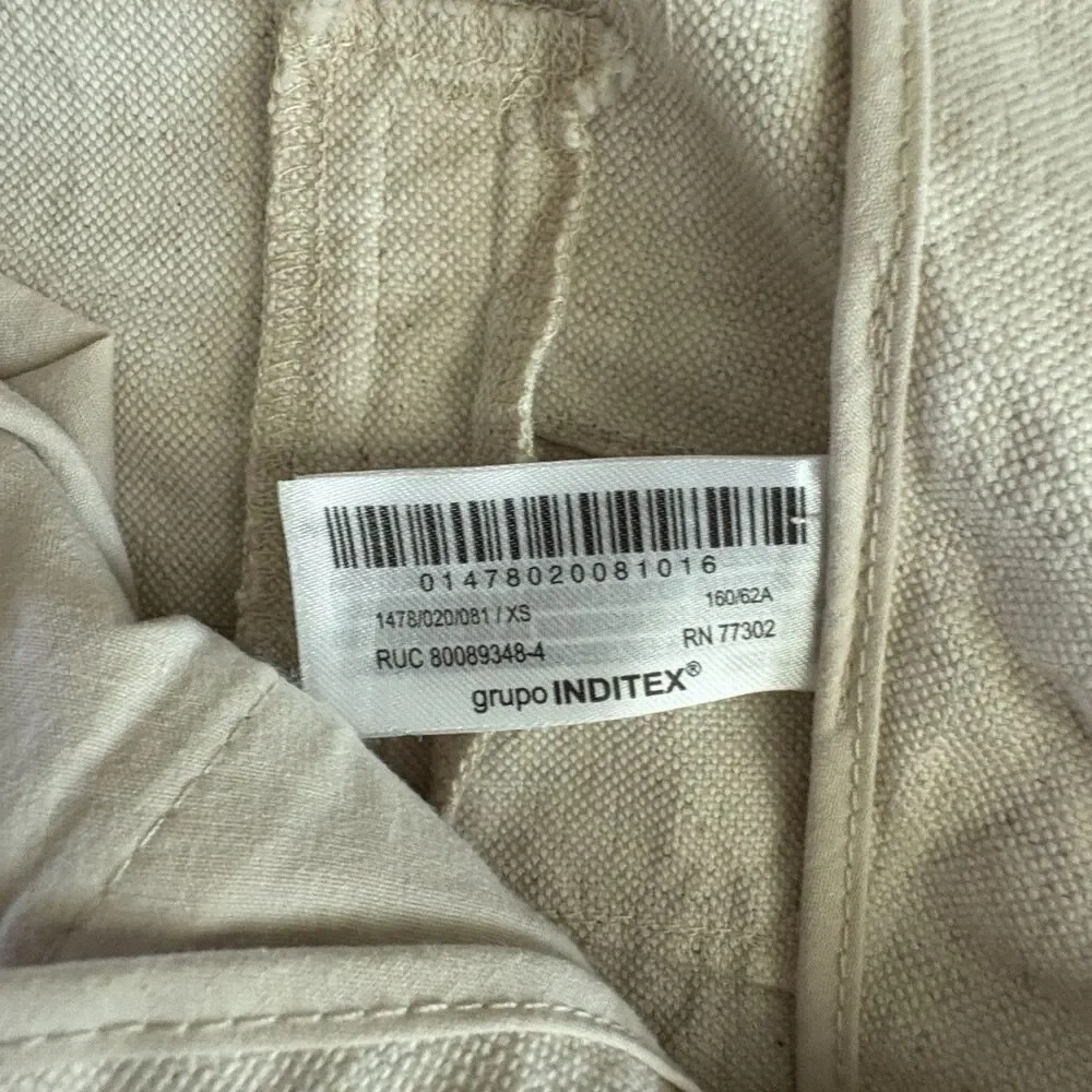 Zara Women Barrrel Leg Pants Cream Cotton Linen Blend Beach Casual Sz XS